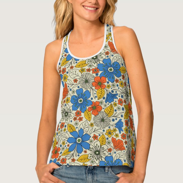 Retro Blue, Yellow & Orange Floral Tank Top (Front)