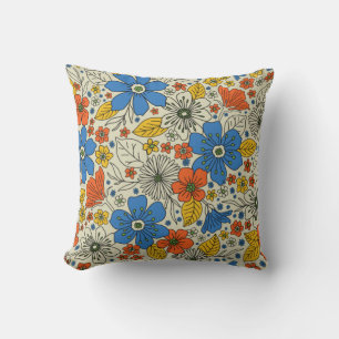 Retro Blue, Yellow & Orange Floral Throw Pillow