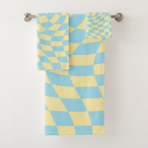 Retro Blue Yellow Pastel Warped Checkerboard  Bath Towel Set