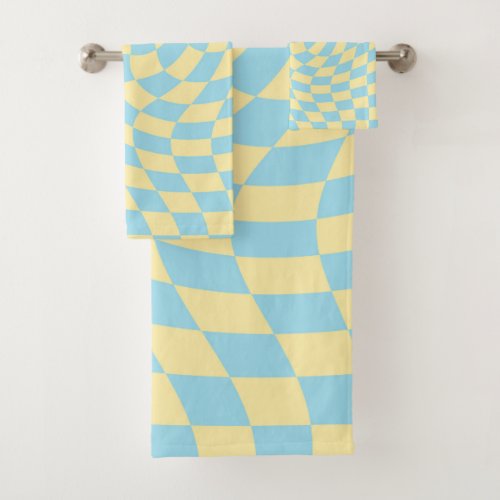 Retro Blue Yellow Pastel Warped Checkerboard  Bath Towel Set