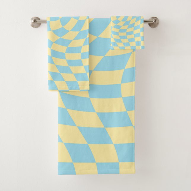 Retro Blue Yellow Pastel Warped Checkerboard  Bath Towel Set (Insitu)