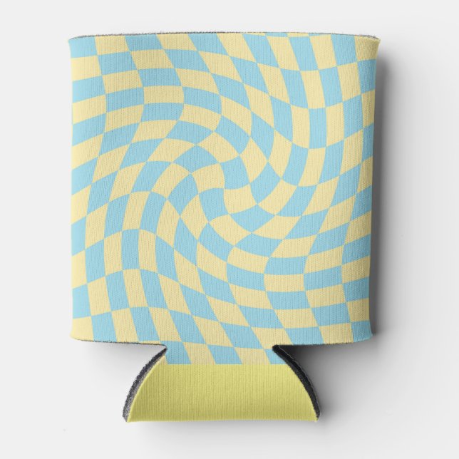 Retro Blue Yellow Pastel Warped Checkerboard  Can Cooler (Front)