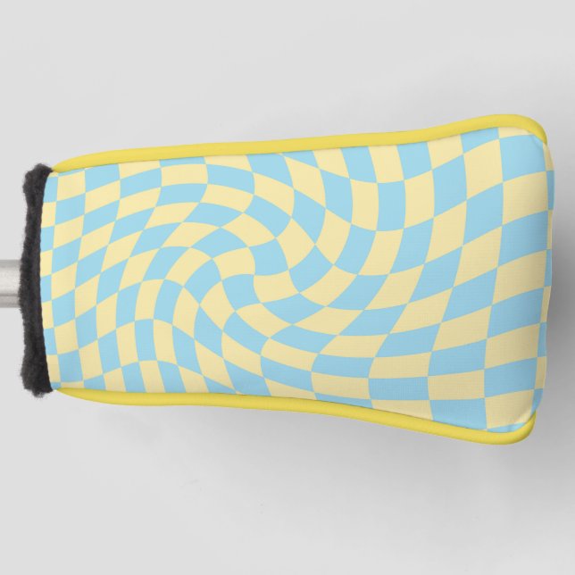 Retro Blue Yellow Pastel Warped Checkerboard  Golf Head Cover (Front)