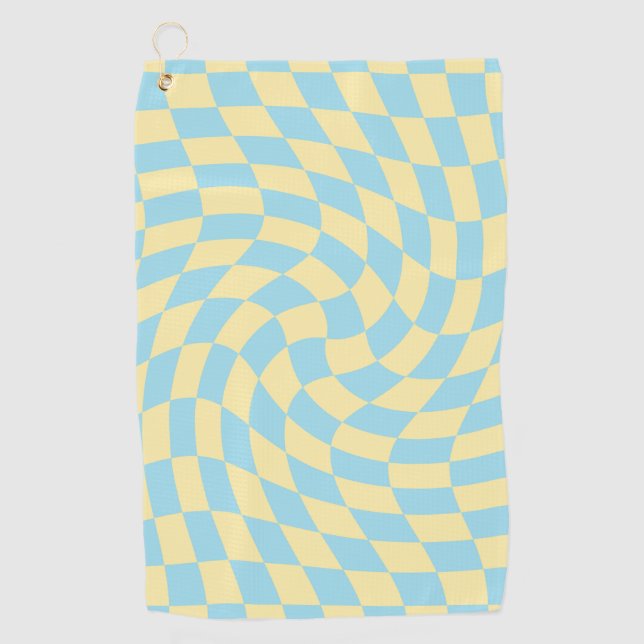 Retro Blue Yellow Pastel Warped Checkerboard Golf Towel (Front)