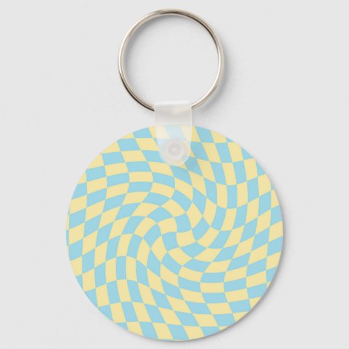Retro Blue Yellow Pastel Warped Checkerboard   Keychain