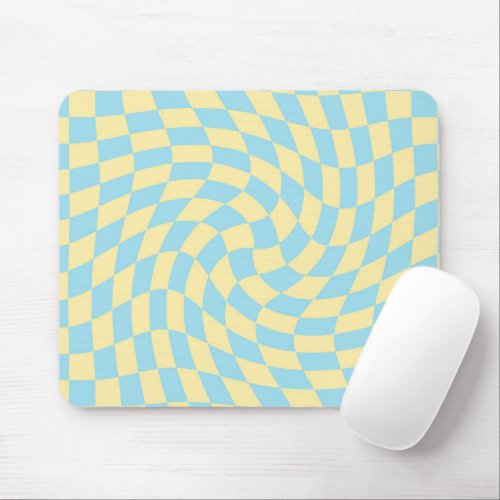 Retro Blue Yellow Pastel Warped Checkerboard  Mouse Pad