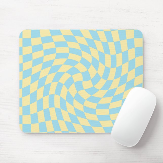 Retro Blue Yellow Pastel Warped Checkerboard  Mouse Pad (With Mouse)