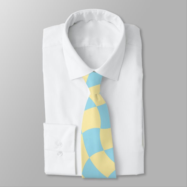 Retro Blue Yellow Pastel Warped Checkerboard  Neck Tie (Tied)
