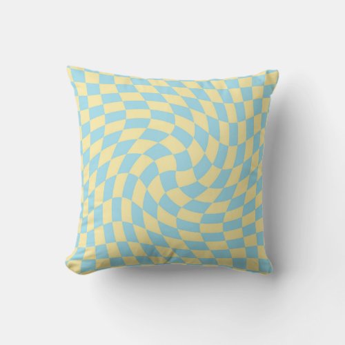 Retro Blue Yellow Pastel Warped Checkerboard Throw Pillow