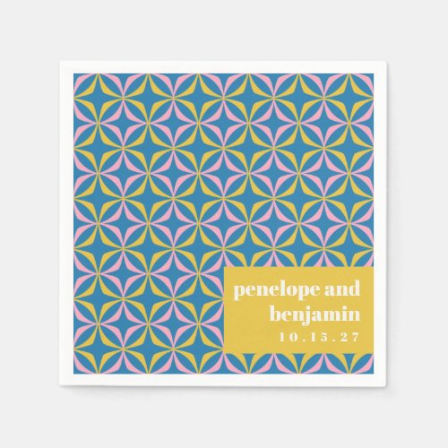 Retro Blue Yellow Pattern Fun Bold Wedding Custom Napkins