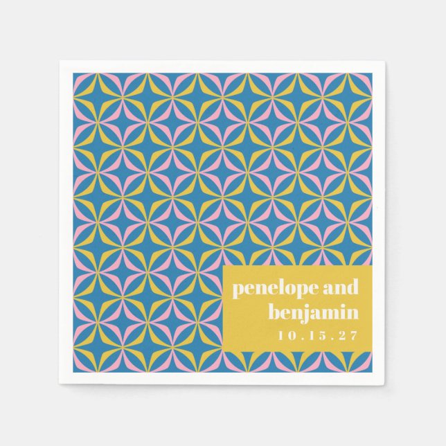 Retro Blue Yellow Pattern Fun Bold Wedding Custom Napkins (Front)