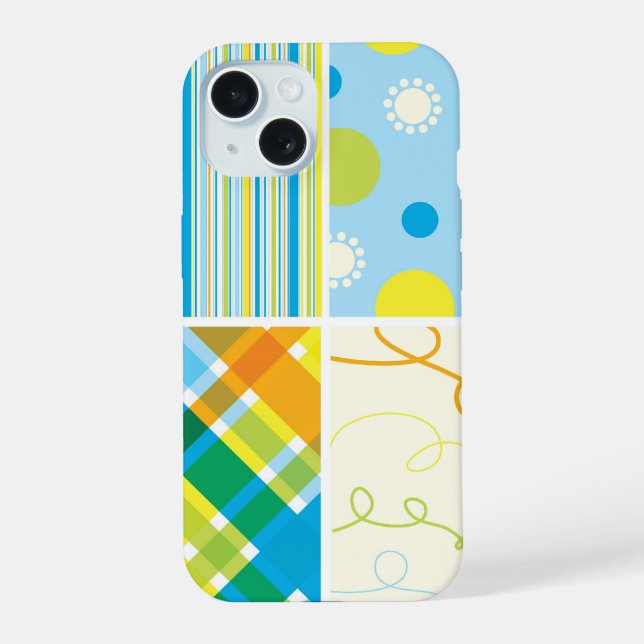 Retro Blue Yellow Plaid Pattern Dots Scribbles Iphone Case (Back)