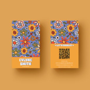 Retro Blue Yellow QR Code Groovy Floral Trendy Business Card