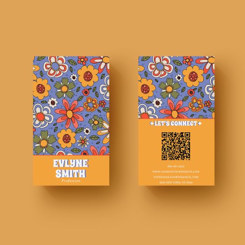 Retro Blue Yellow QR Code Groovy Floral Trendy  Business Card