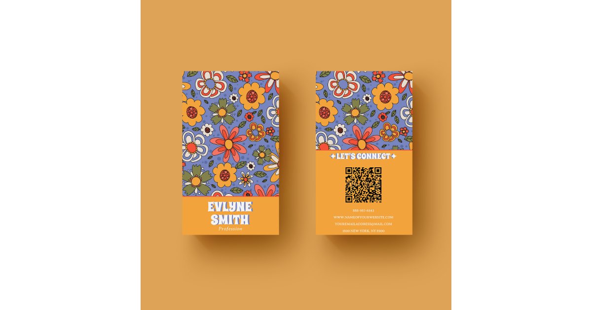 Retro Blue Yellow QR Code Groovy Floral Trendy Business Card | Zazzle