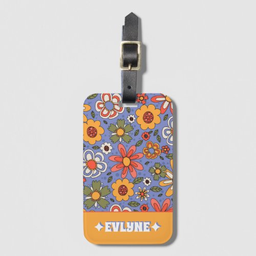 Retro Blue Yellow Red Boho Chic Groovy Floral Luggage Tag