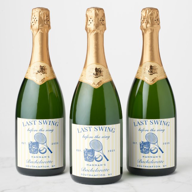 Retro Blue & Yellow Tennis Bachelorette Sparkling Wine Label (Bottles)