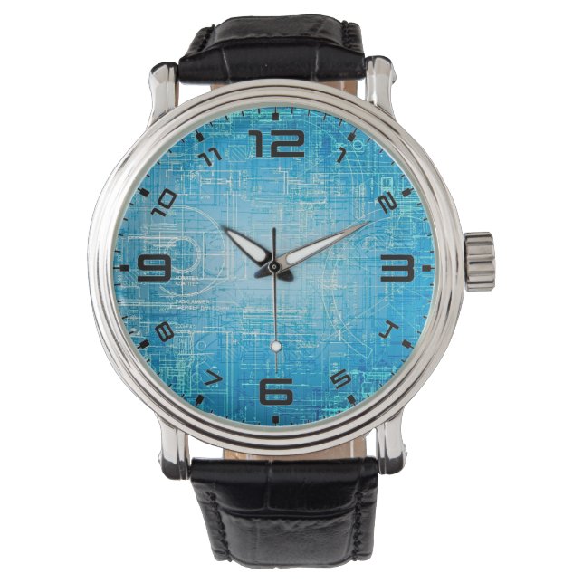 Retro Blueprint Artistic Watch – Vibrant and Blue (Front)