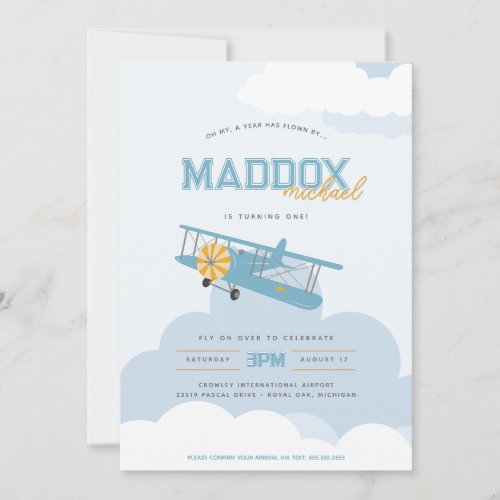 Retro Blues Airplane Time Flies First Birthday  Invitation