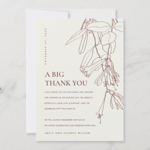 RETRO BLUSH OFF WHITE LINE DRAWING FLORAL WEDDING THANK YOU CARD