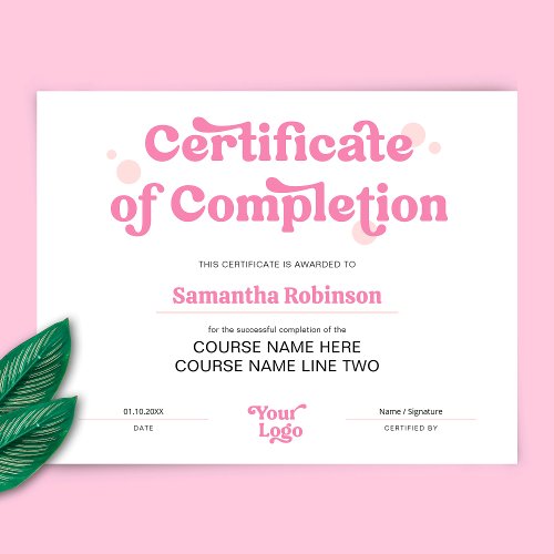 Retro Blush Pink Award Certificate of Completion