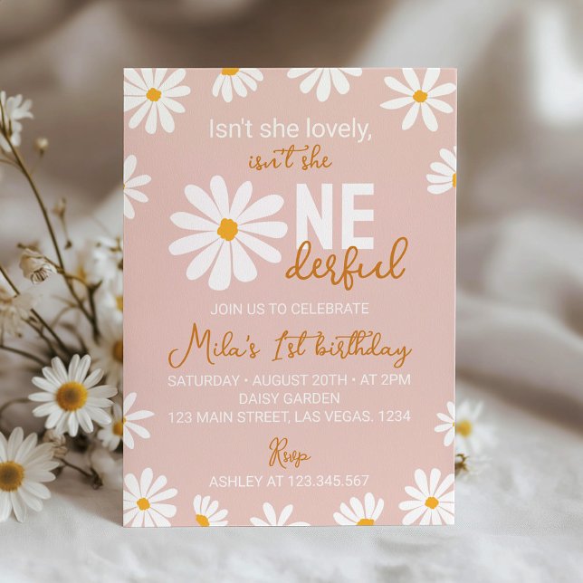 Retro Blush Pink Daisy First Birthday Invitation (Creator Uploaded)