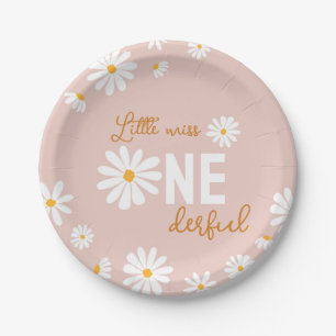 Retro Blush Pink Daisy First Birthday Paper Plates