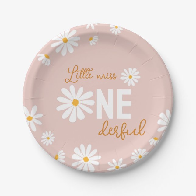 Retro Blush Pink Daisy First Birthday Paper Plates (Front)