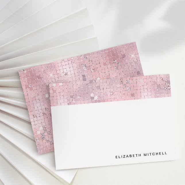 Retro Blush Pink Disco Ball Mirror | Monogram Note Card (Glam, disco-inspired note cards)