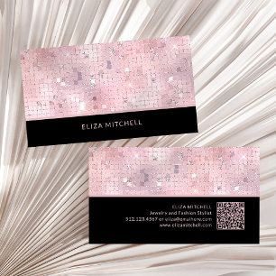 Retro Blush Pink Disco Ball Mirror QR Code Business Card