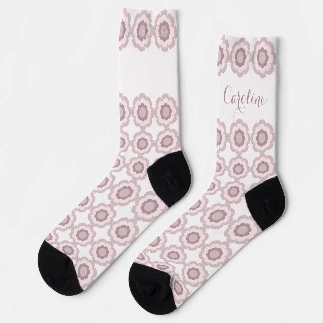 Retro Blush Pink Flower Custom Name Socks (Left)