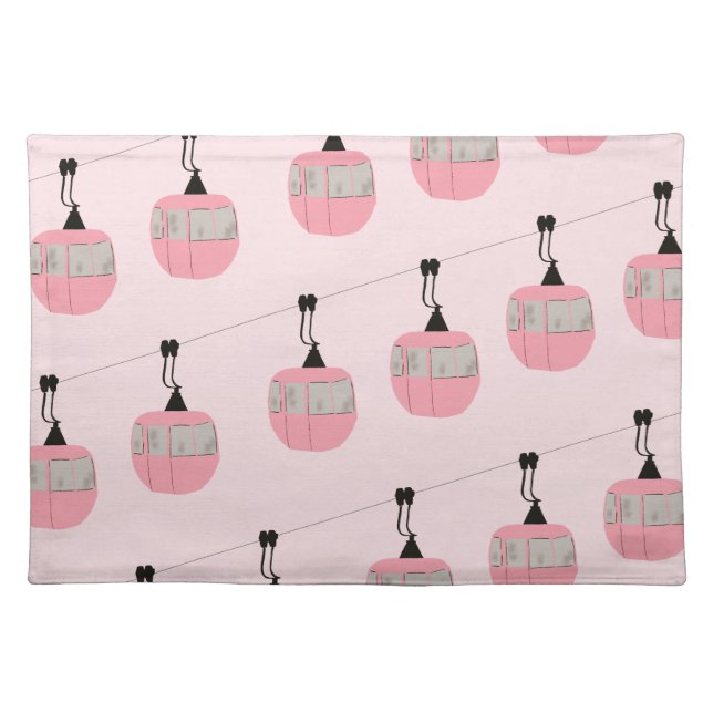 Retro Blush Pink Ski Gondola Lift Skiers  Cloth Placemat (Front)