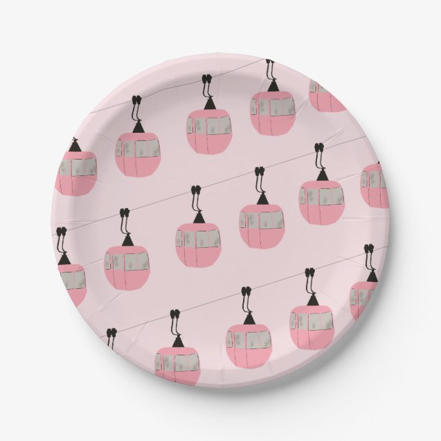Retro Blush Pink Ski Gondola Lift Skiers  Paper Plates (Front)