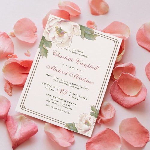 Retro Blush Pink Wedding Peony Rose Floral  Invitation