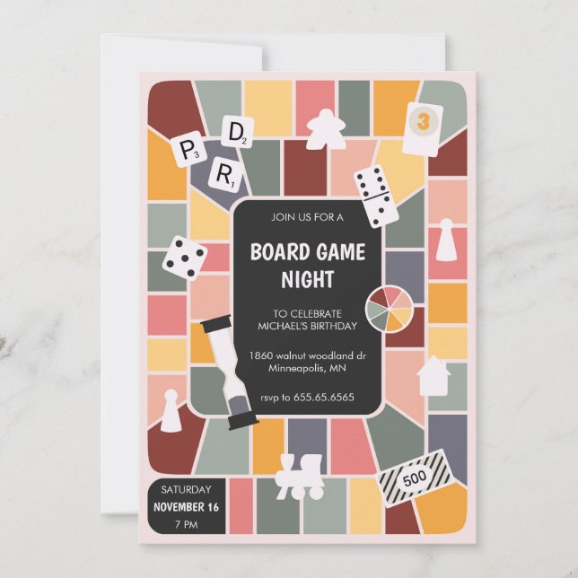 Retro board game night party invitation (Front)