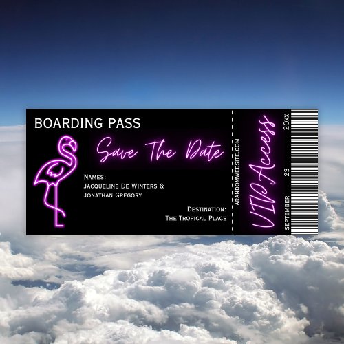 Retro Boarding Pass Neon Flamingo Save The Date Invitation