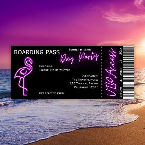 Retro Boarding Pass Neon Flamingo Summer Day Party Invitation