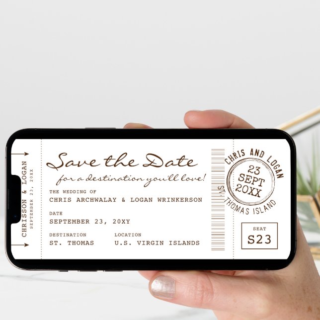 Retro Boarding Pass & Passport Stamp Save the Date Announcement (Front Digital)