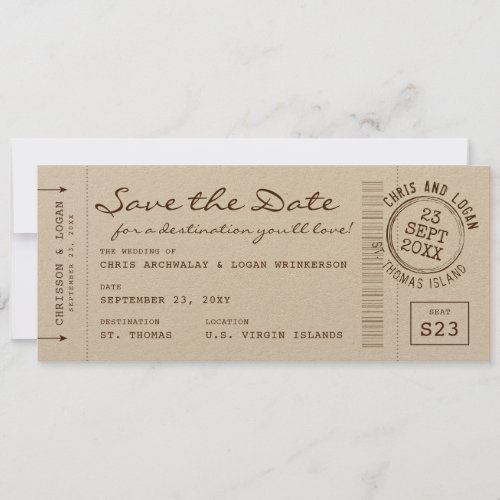 Retro Boarding Pass  Passport Stamp Save the Date Announcement