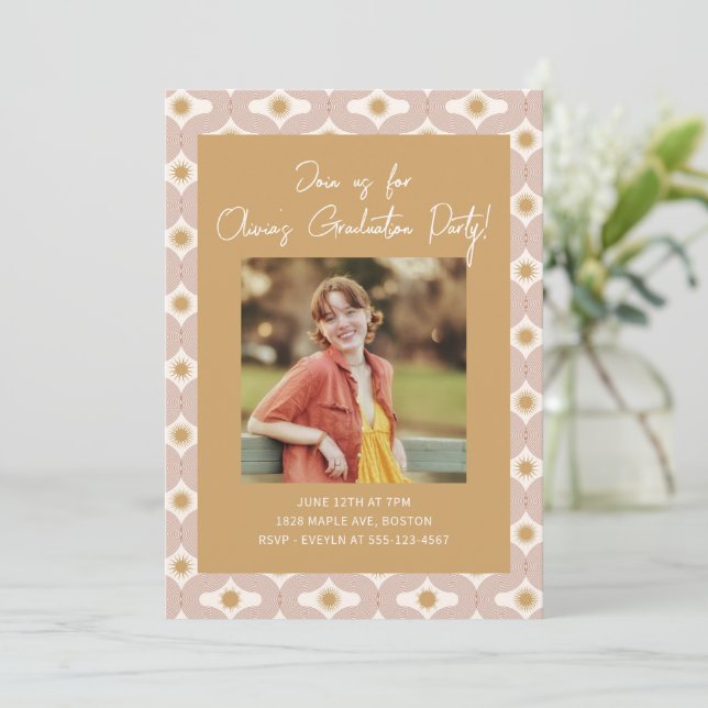 Retro Bohemian Sun Sunburst Photo Graduation Party Invitation (Standing Front)