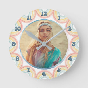 Retro Bohemian Watercolor Rainbows Custom Photo Round Clock