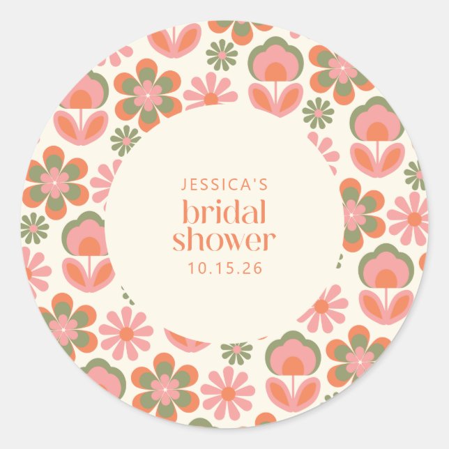 Retro Boho 70s Flowers Pink Green Bridal Shower Classic Round Sticker (Front)