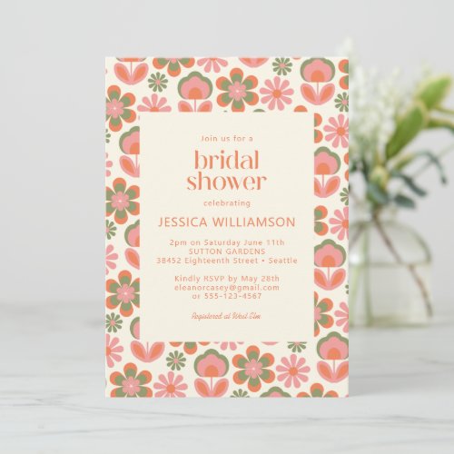 Retro Boho 70s Flowers Pink Green Bridal Shower Invitation