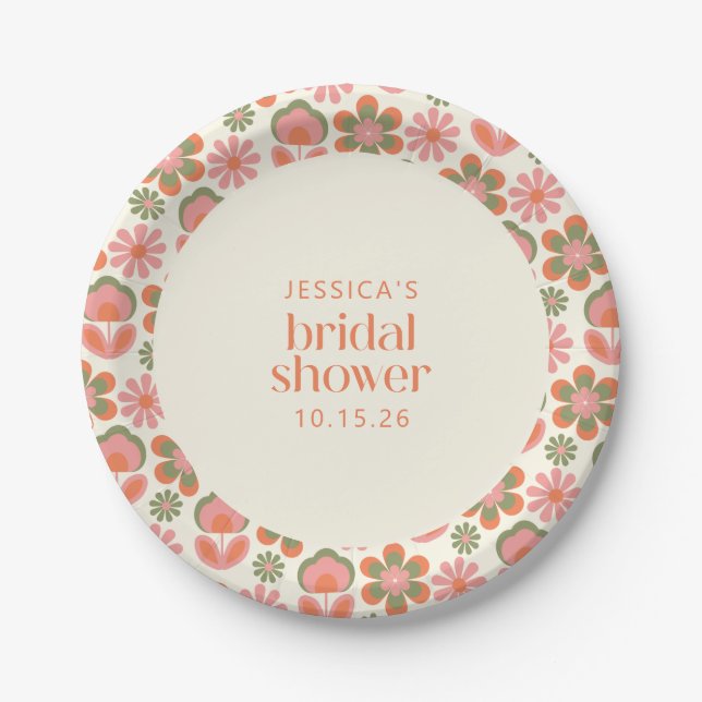 Retro Boho 70s Flowers Pink Green Bridal Shower Paper Plates (Front)