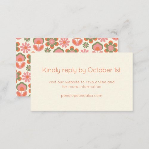 Retro Boho 70s Flowers Pink Green Wedding RSVP Enclosure Card