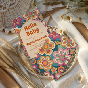 Retro Boho 70s Groovy Floral Baby Shower Invitation
