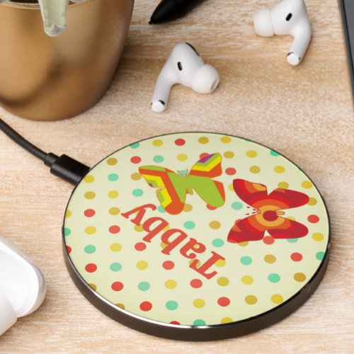 Retro boho 70s stripe polka dot butterfly orange wireless charger 