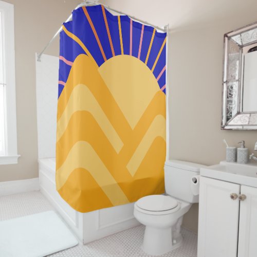 Retro Boho Abstract Landscape Blue Yellow Shower Curtain