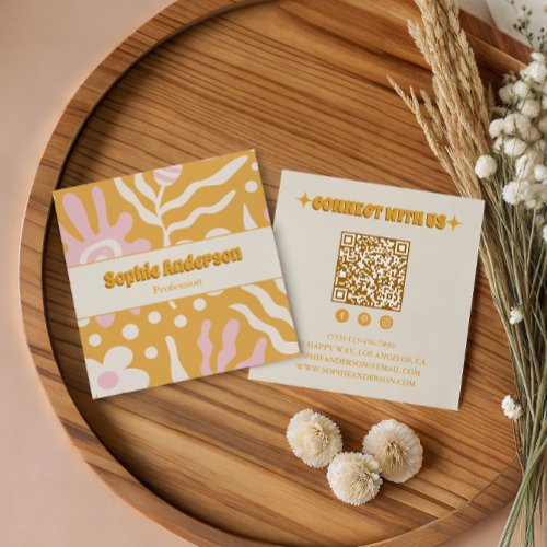 Retro Boho Abstract QR Code Social Media  Square Business Card