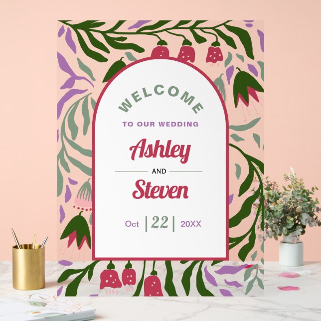 Retro boho arch, folklore flowers welcome wedding acrylic sign (Wedding)